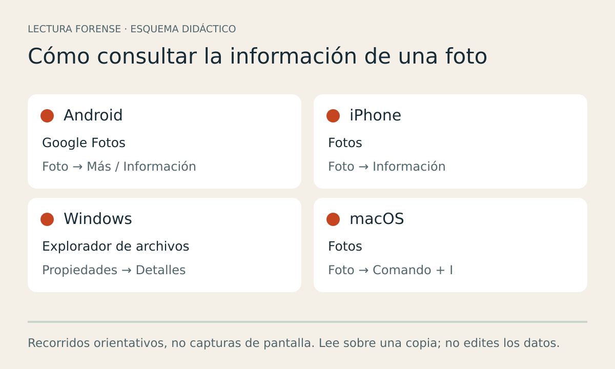 Rutas de consulta de información en Google Fotos para Android, Fotos para iPhone y macOS, y Explorador de Windows.