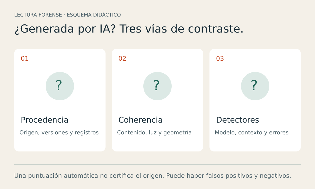 Tres vías para estudiar el origen de una imagen: procedencia, coherencia y resultados de detectores.
